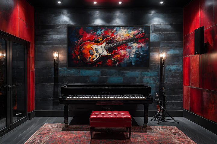 Red Electric Guitar Abstract Framed Canvas Wall Art