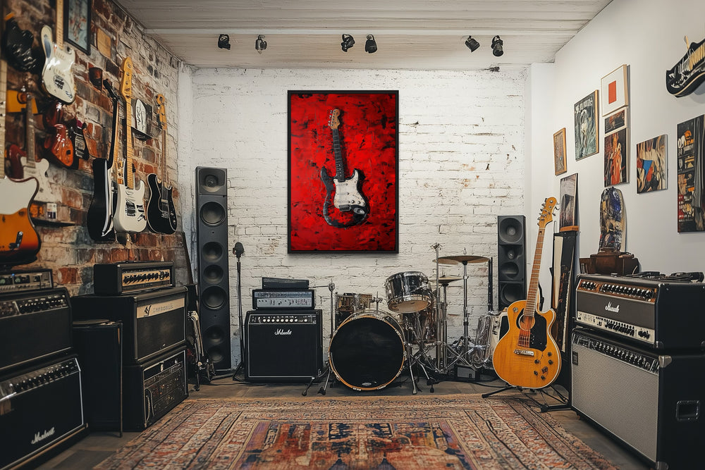 Red Electric Guitar Framed Canvas Wall Art IN a room with guitars, amps, and a brick wall