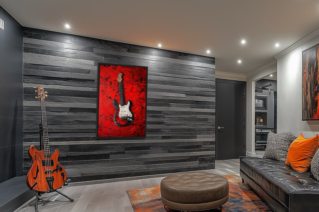 Red Electric Guitar Framed Canvas Wall Art