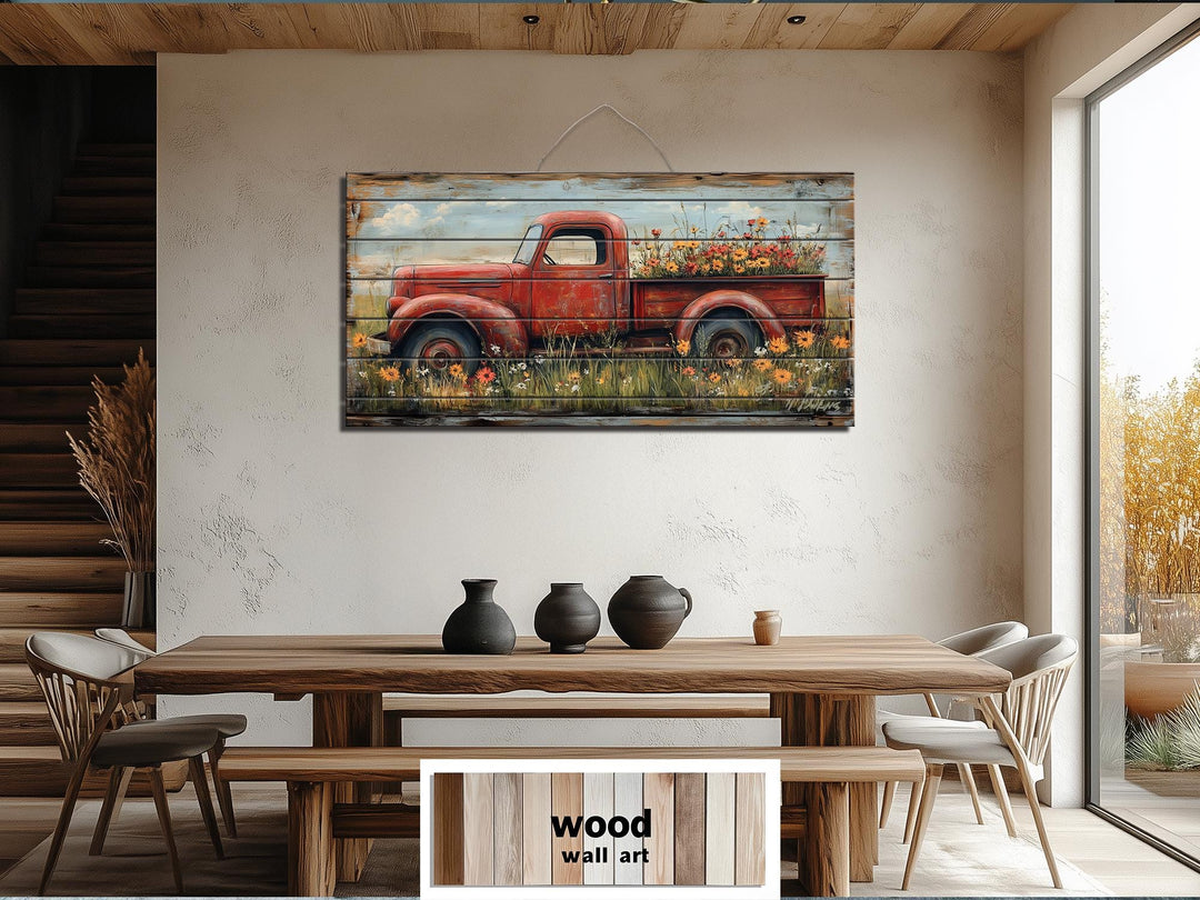 Red Farm Truck With Flowers Distressed Wood Wall Art