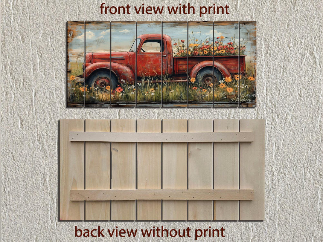 Red Farm Truck With Flowers Distressed Wood Wall Art