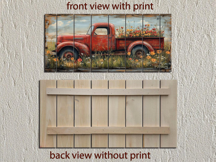 Red Farm Truck With Flowers Distressed Wood Wall Art