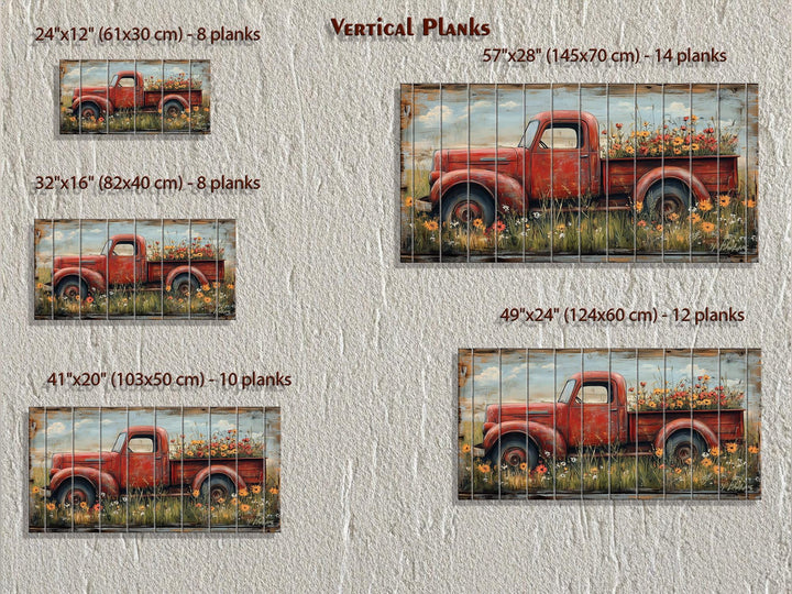 Red Farm Truck With Flowers Distressed Wood Wall Art