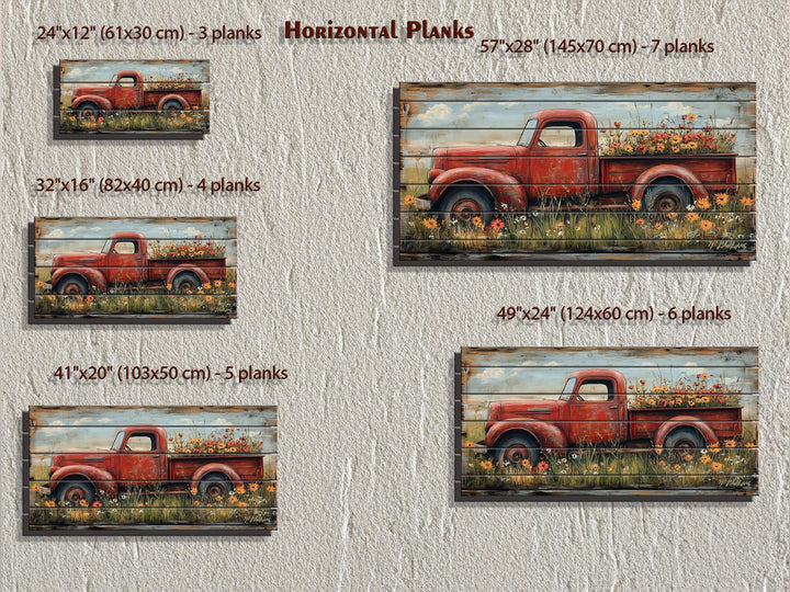 Red Farm Truck With Flowers Distressed Wood Wall Art