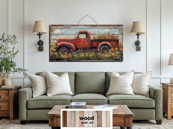 Red Farm Truck With Flowers Distressed Wood Wall Art