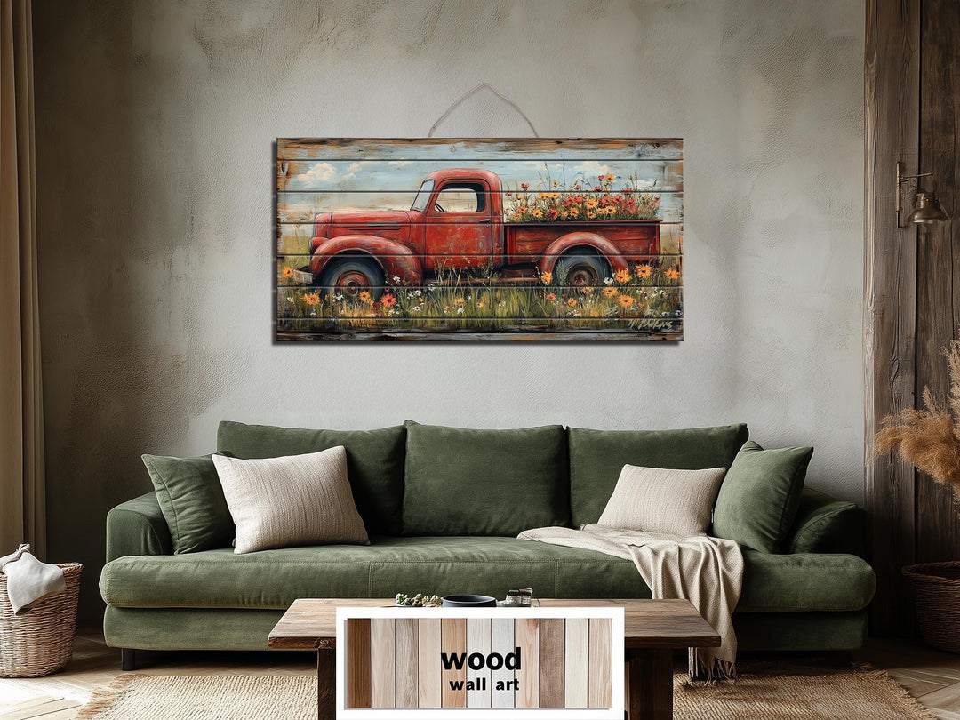 Red Farm Truck With Flowers Distressed Wood Wall Art