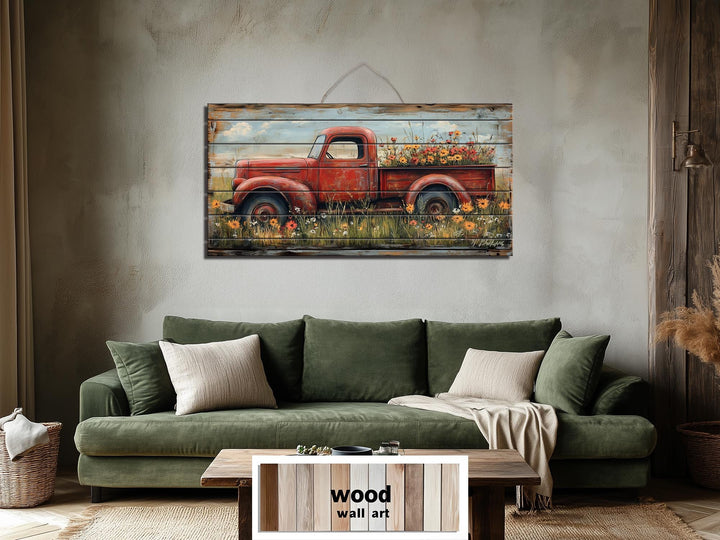 Red Farm Truck With Flowers Distressed Wood Wall Art