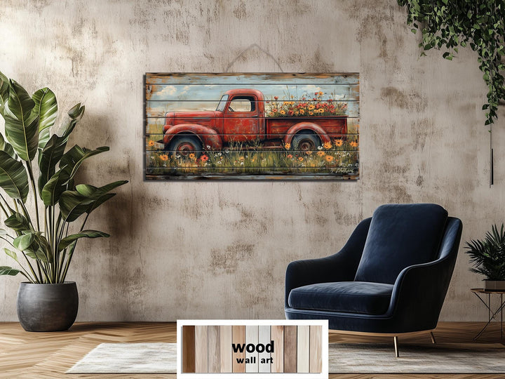 Red Farm Truck With Flowers Distressed Wood Wall Art