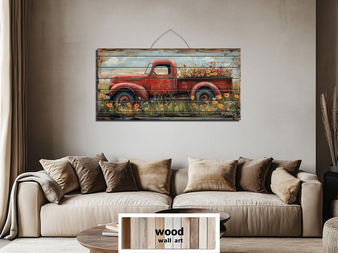 Red Farm Truck With Flowers Distressed Wood Wall Art
