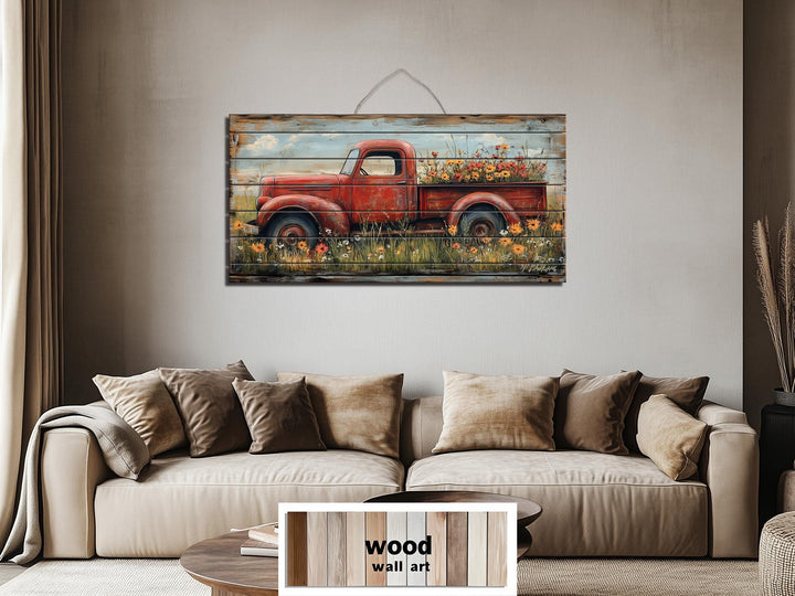 Red Farm Truck With Flowers Distressed Wood Wall Art