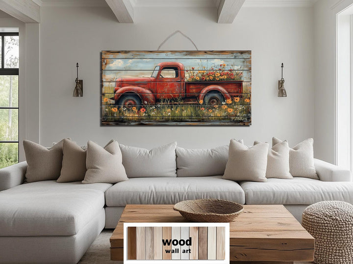 Red Farm Truck With Flowers Distressed Wood Wall Art