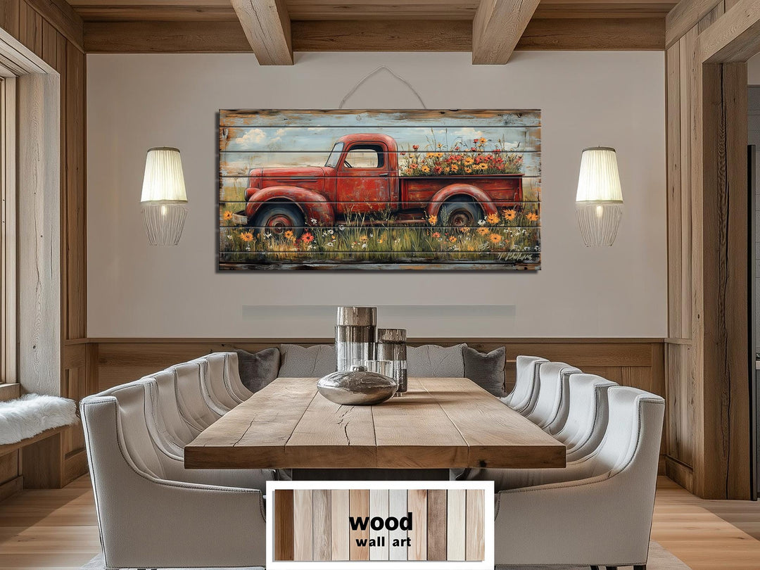 Red Farm Truck With Flowers Distressed Wood Wall Art