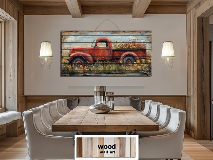 Red Farm Truck With Flowers Distressed Wood Wall Art