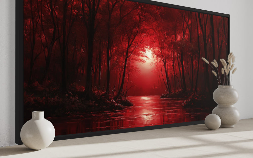 Red Forest And Moon Landscape Framed Canvas Wall Art side view