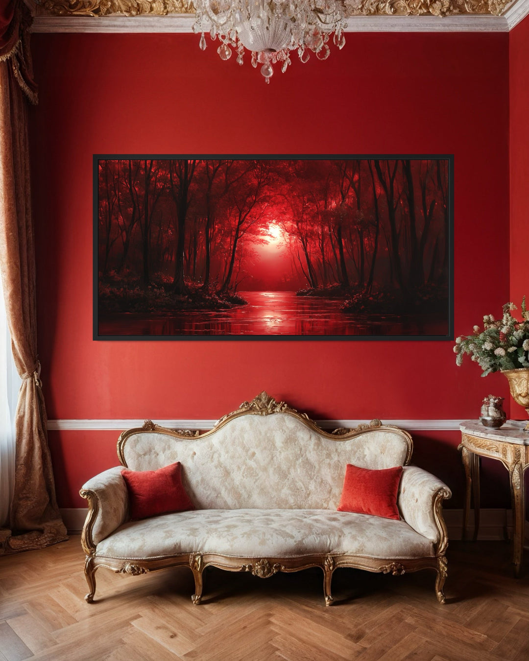 Red Forest And Moon Landscape Framed Canvas Wall Art