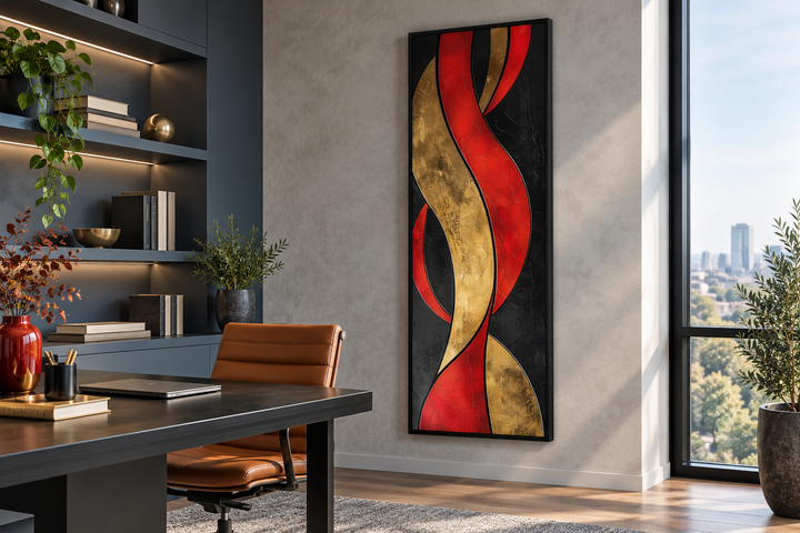 Tall vertical abstract canvas art with red, gold, and black flowing geometric shapes in a black frame
