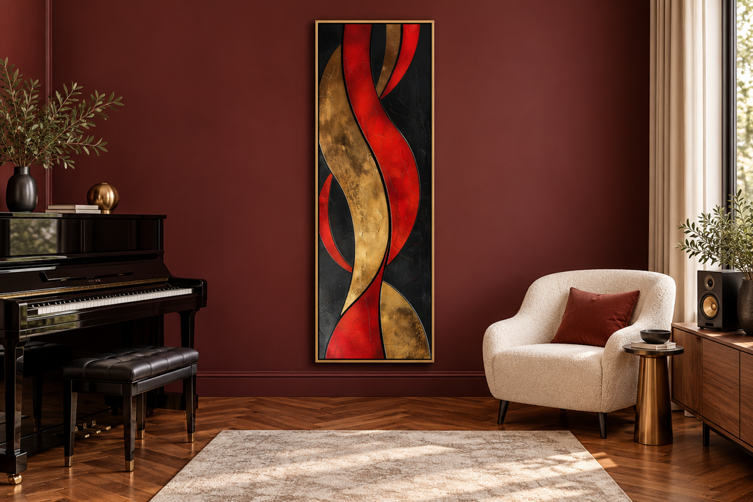 Tall vertical abstract framed canvas with red, gold, and black flowing geometric patterns.