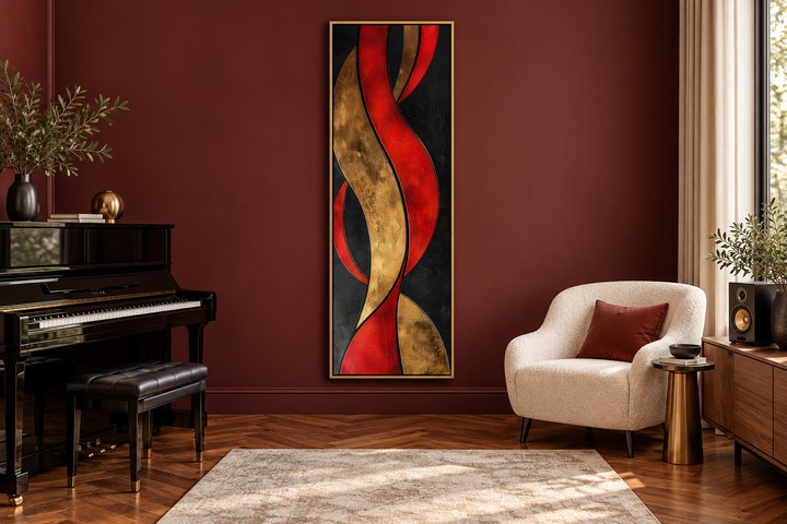 Tall vertical abstract framed canvas with red, gold, and black flowing geometric patterns.