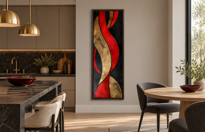 Tall vertical framed canvas wall art with red, gold, and black abstract geometric waves.