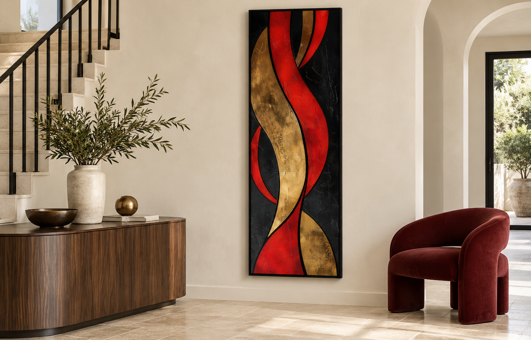 Tall thin vertical abstract canvas art with red, gold, and black flowing geometric shapes.