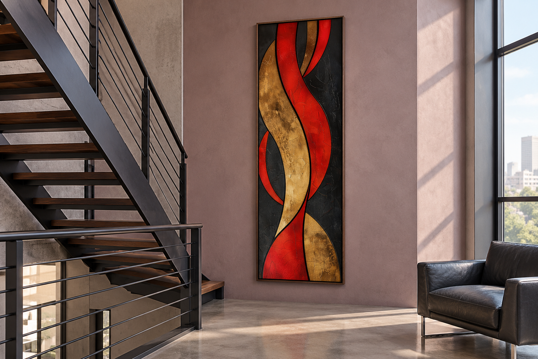 Tall vertical abstract canvas art with red, gold, and black flowing geometric shapes in a room.