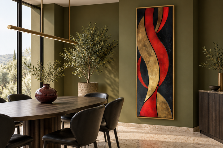 Tall vertical abstract canvas art with red, gold, and black flowing shapes in a gold frame.