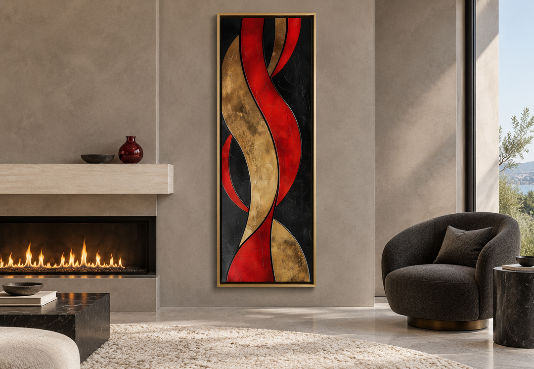 Tall vertical framed canvas with abstract red, gold, and black flowing geometric shapes.