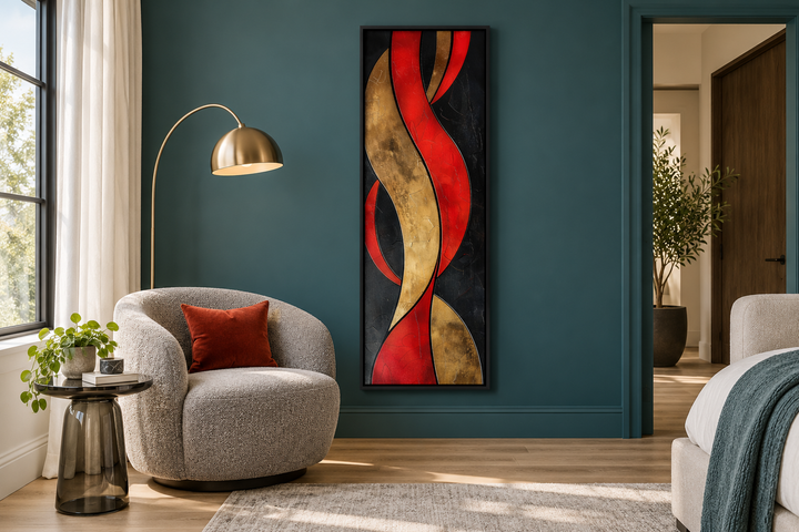 Tall vertical framed canvas with abstract red, gold, and black flowing geometric patterns.