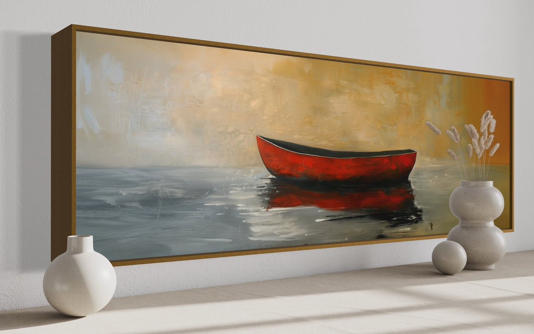 Red Gold Canoe Panting Long Horizontal Living Room Wall Art