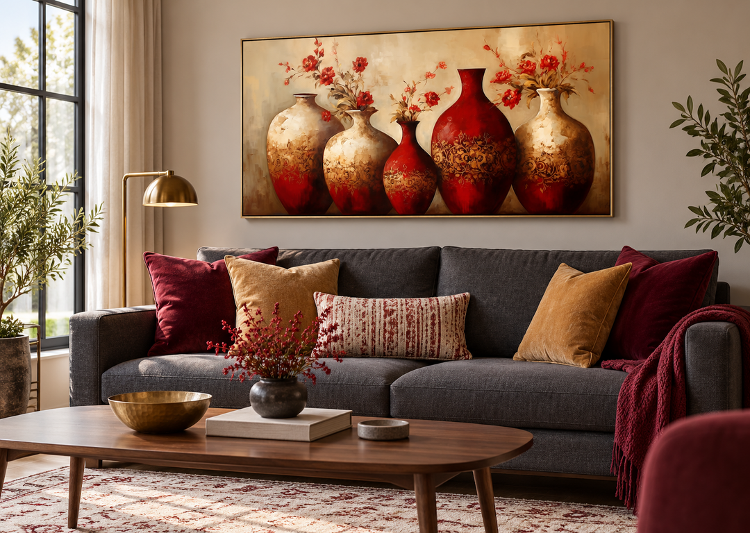 Framed canvas wall art of red and gold vases with flowers above a charcoal sofa in a living room.