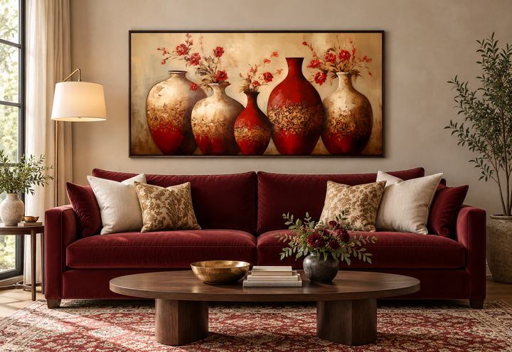 Framed canvas wall art of red and gold vases with flowers above a burgundy sofa in a living room.