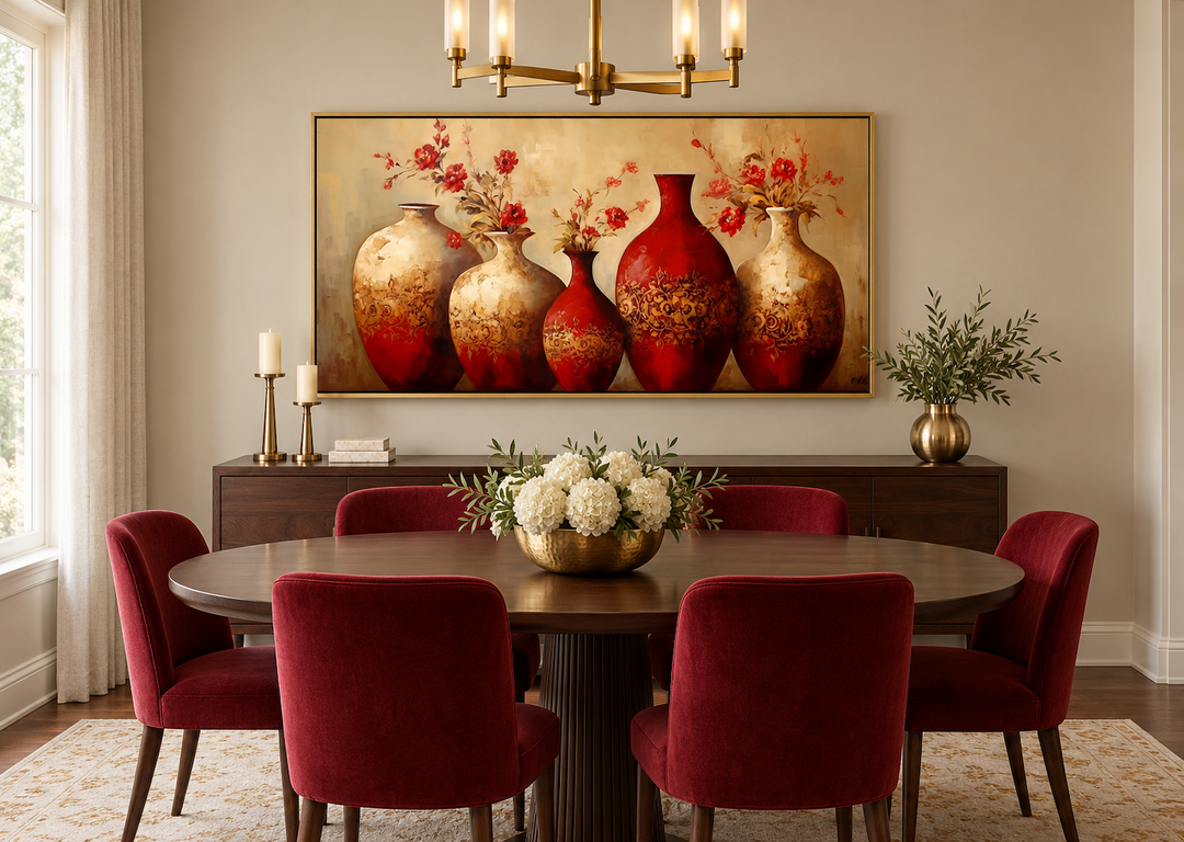 Framed canvas wall art of red and gold vases with flowers above a dining table and red chairs.