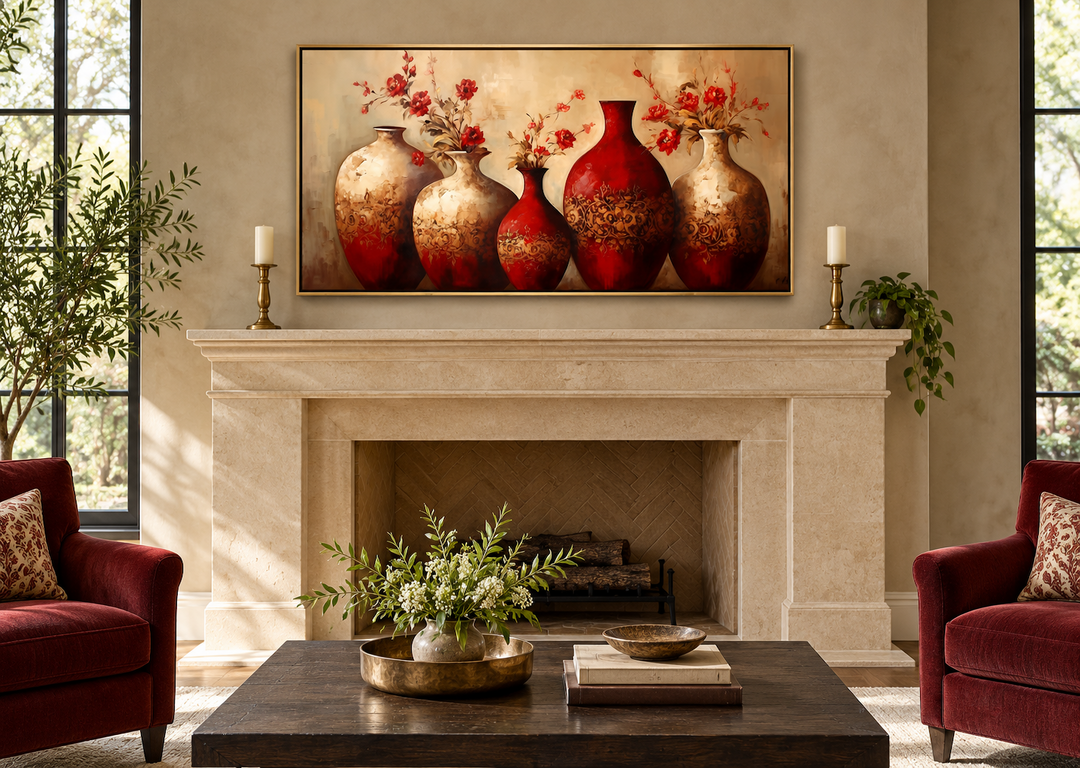 Framed canvas painting of red and gold vases with flowers above a stone fireplace in a living room.