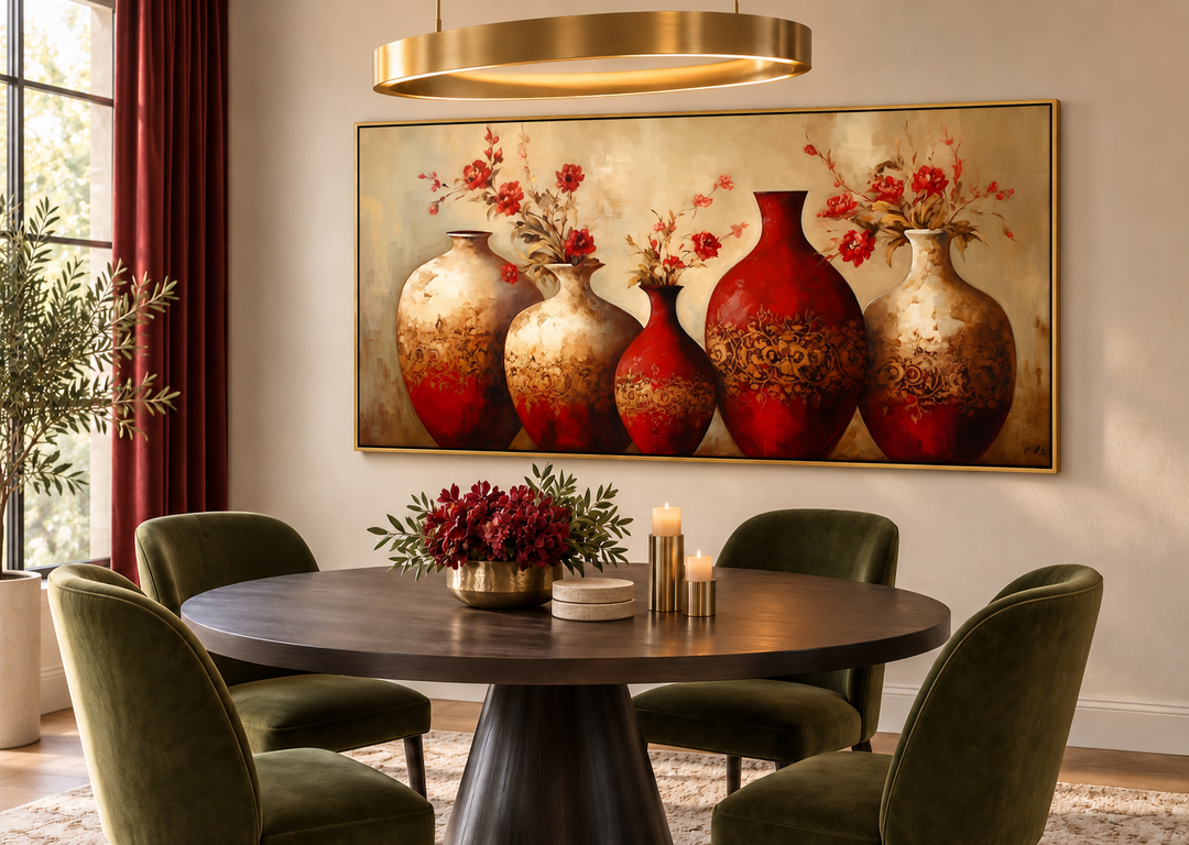 Framed canvas wall art of red and gold vases with flowers above a round dining table.