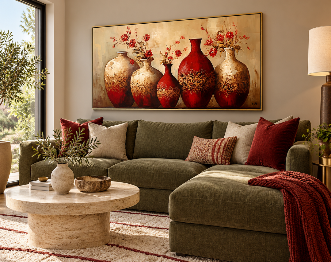Framed canvas wall art featuring five ornate red and gold vases with red flowers above a green sofa.