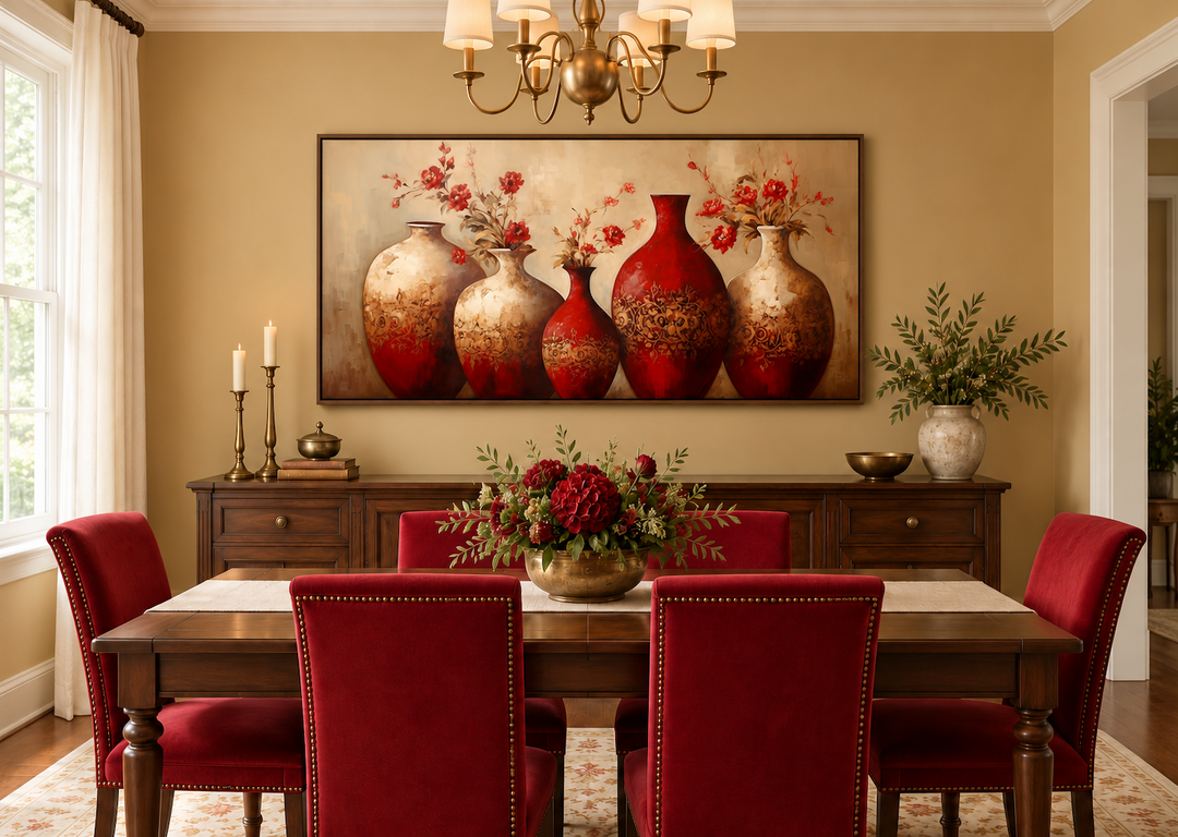 Framed canvas wall art of red and gold vases with flowers above a traditional dining room table.