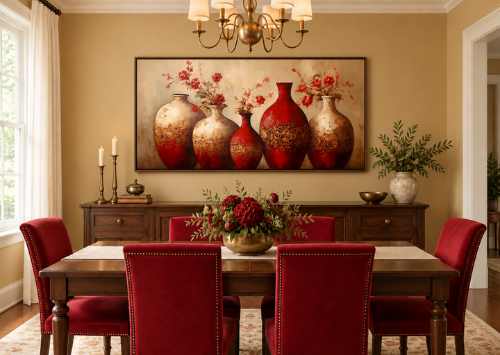 Framed canvas wall art of red and gold vases with flowers above a traditional dining room table.