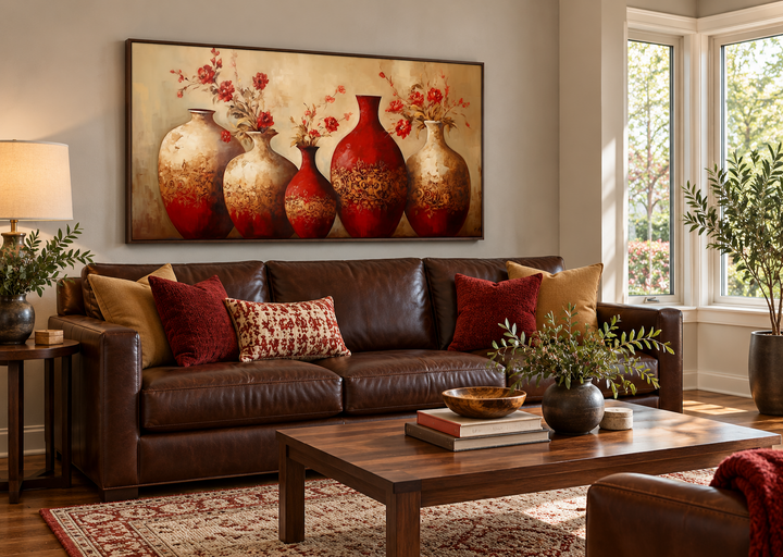 Framed canvas wall art of red and gold vases with flowers above a brown leather sofa.