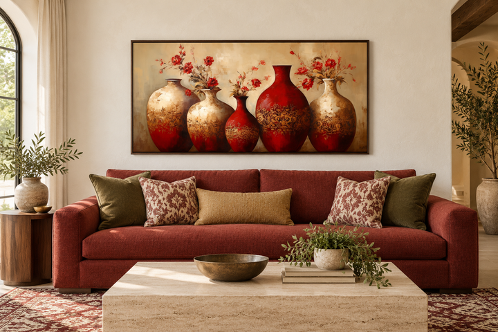 Framed canvas wall art of red and gold vases with flowers above a terracotta sofa.