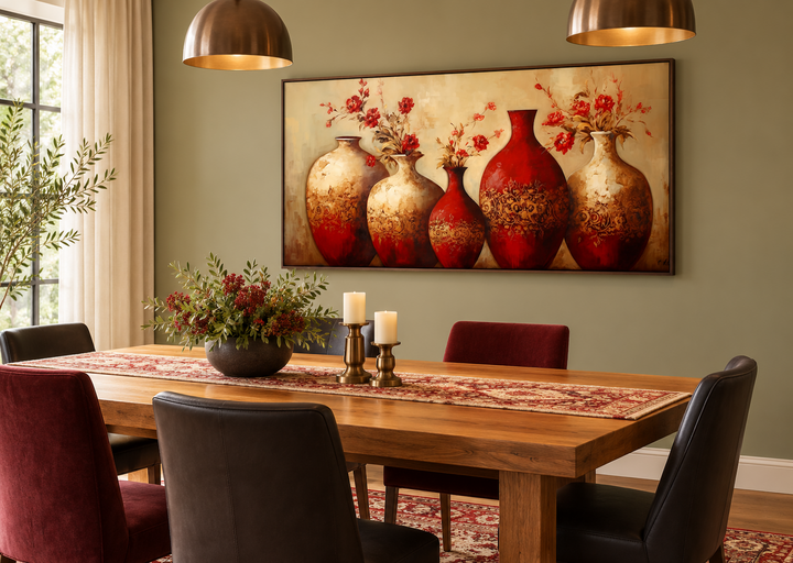 Framed canvas wall art of red and gold vases with flowers in a warm, modern dining room.