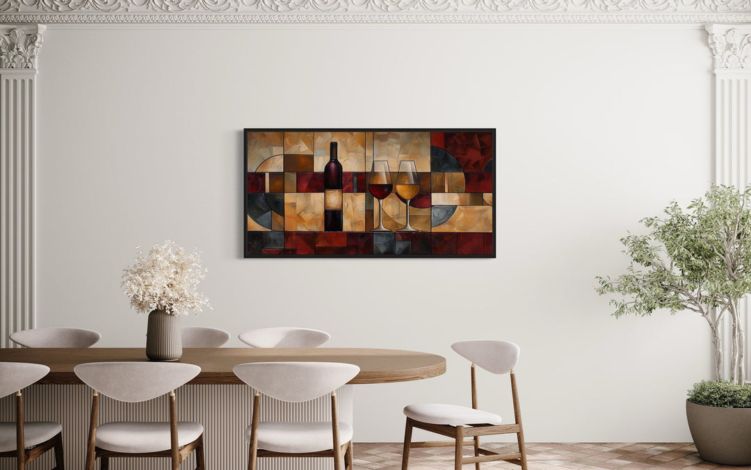 Dining Room Wall Decor - Red Gold Wine Bottle And Glasses Abstract Painting Framed Canvas Wall Art For Dining Room