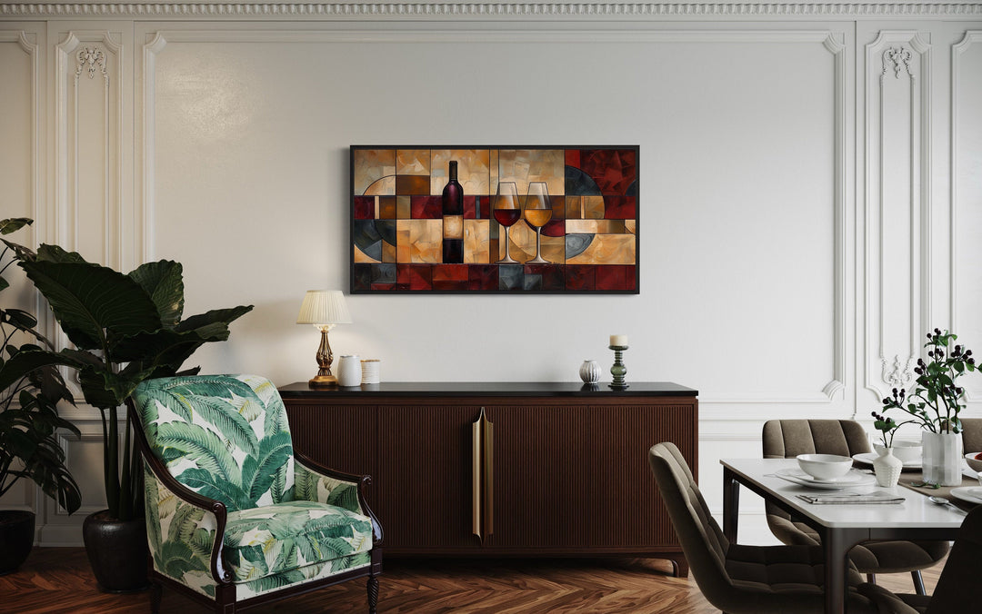 Red Gold Wine Bottle And Glasses Abstract Painting Framed Canvas Wall Art For Dining Room