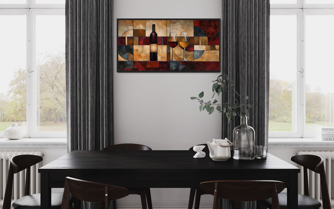 Red Gold Wine Bottle And Glasses Abstract Painting Framed Canvas Wall Art For Dining Room