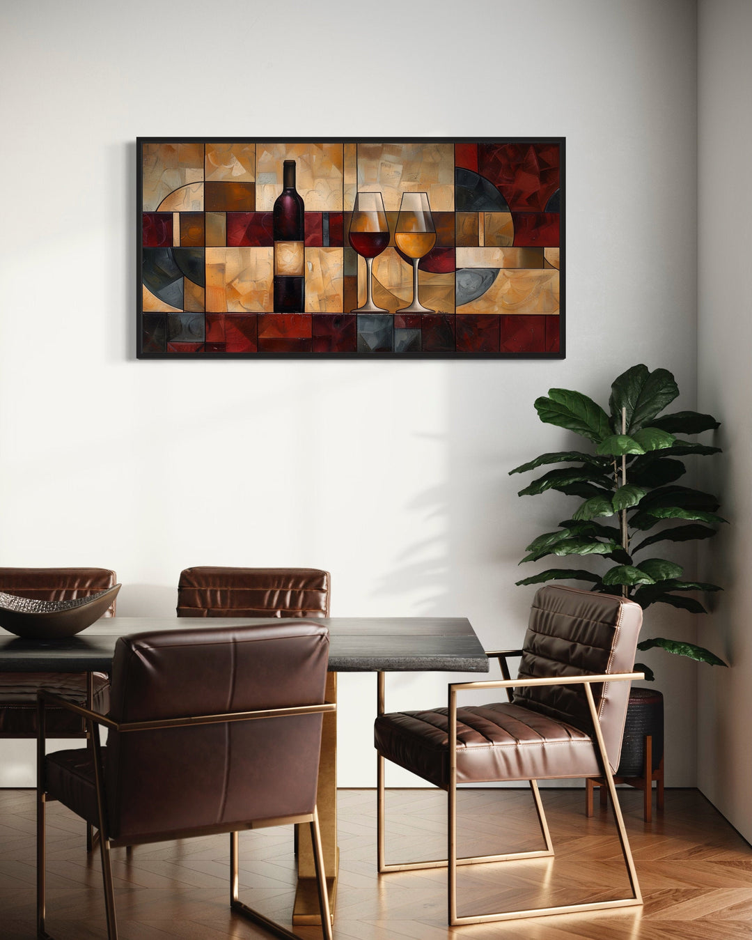 Red Gold Wine Bottle And Glasses Abstract Painting Framed Canvas Wall Art For Dining Room