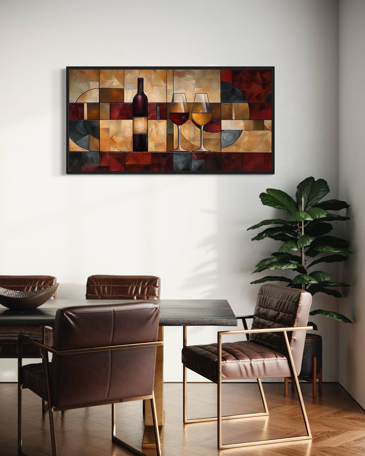 Dining Room Wall Decor - Red Gold Wine Bottle And Glasses Abstract Painting Framed Canvas Wall Art For Dining Room