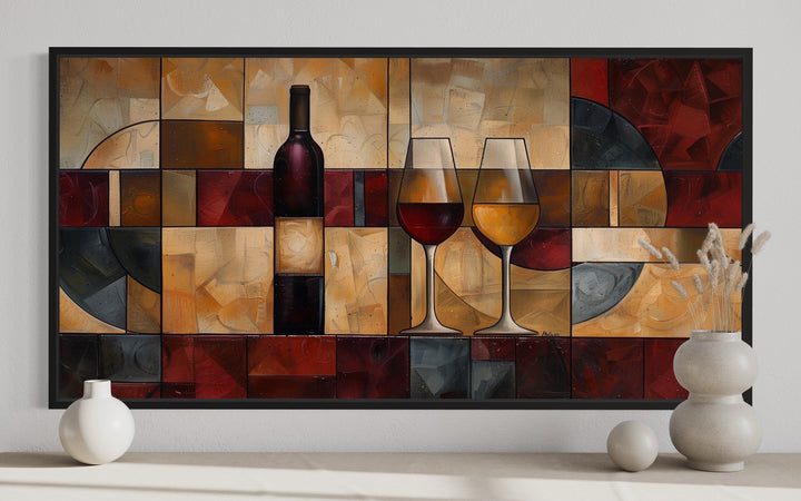 Red Gold Wine Bottle And Glasses Abstract Painting Framed Canvas Wall Art For Dining Room