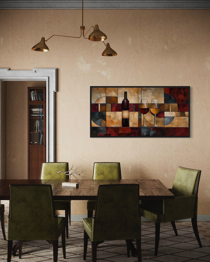 Dining Room Wall Decor - Red Gold Wine Bottle And Glasses Abstract Painting Framed Canvas Wall Art For Dining Room