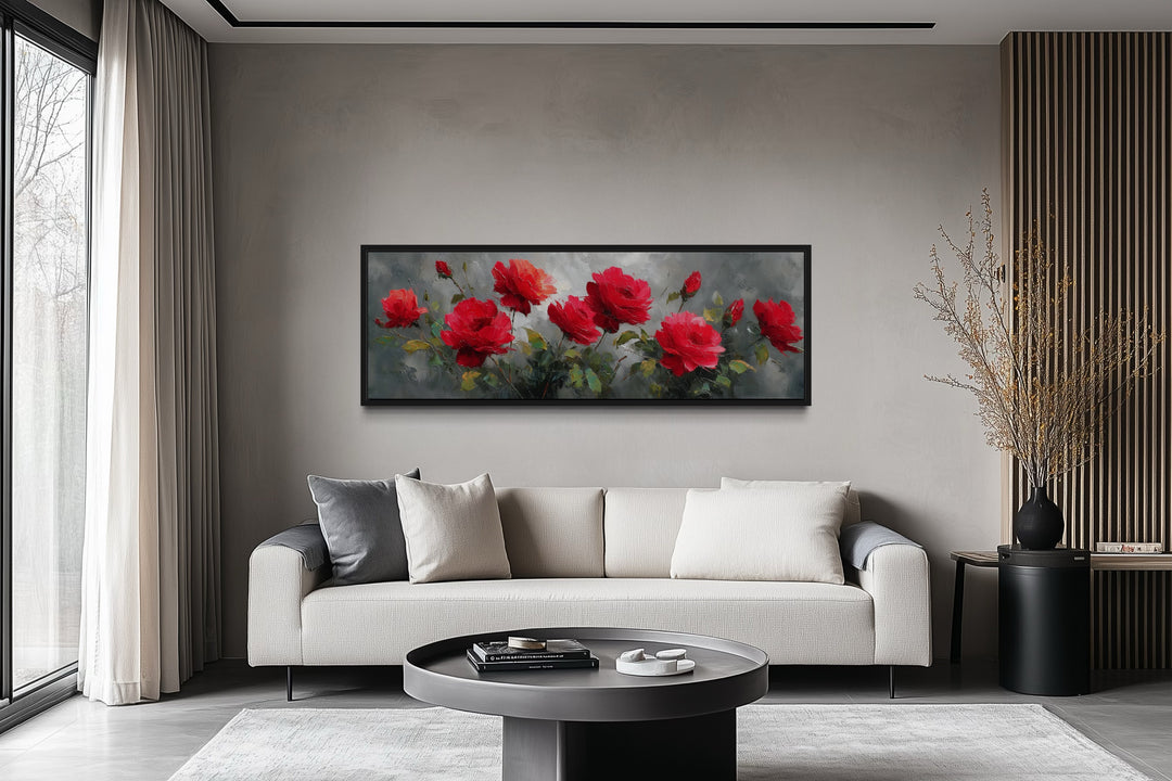 Red Grey Horizontal Roses Framed Canvas Wall Art