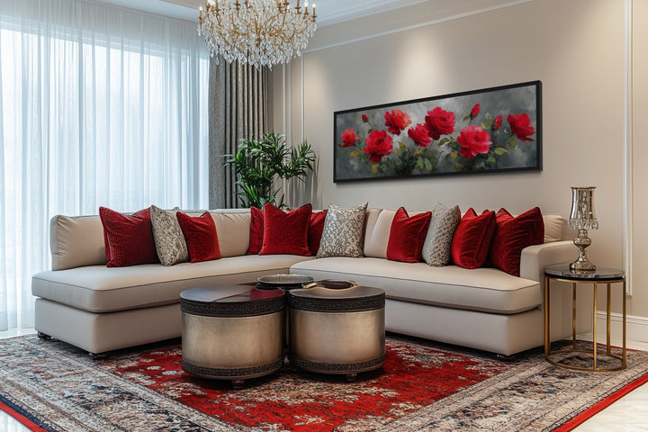 Red Grey Horizontal Roses Framed Canvas Wall Art displayed above a beige sectional sofa.