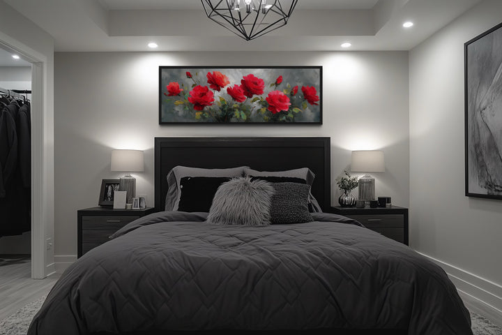 Red Grey Horizontal Roses Framed Canvas Wall Art